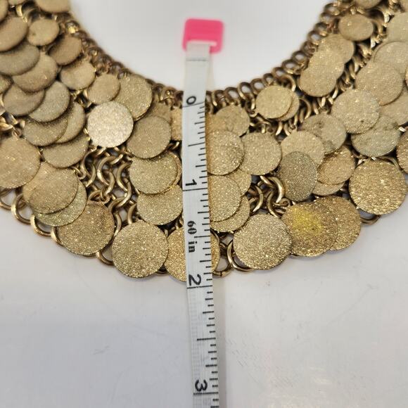 Glitter Disc Charm Statement Collar Necklace Gold Tone Dramatic Layered Chunky - Picture 4 of 6